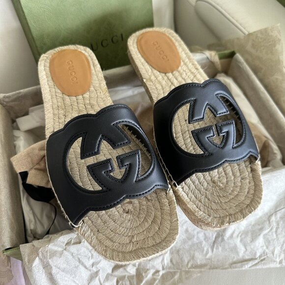 NEW Gucci Interlocking G Cut Out Leather Slides Espadrilles sz 10 Men’s Sandals - Picture 12 of 12